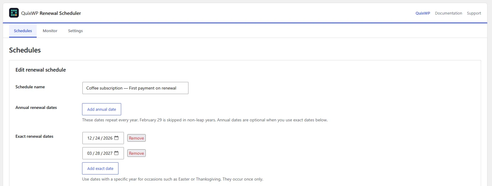 Schedule editor with no annual rows and exact renewal dates December 24, 2026 and March 28, 2027