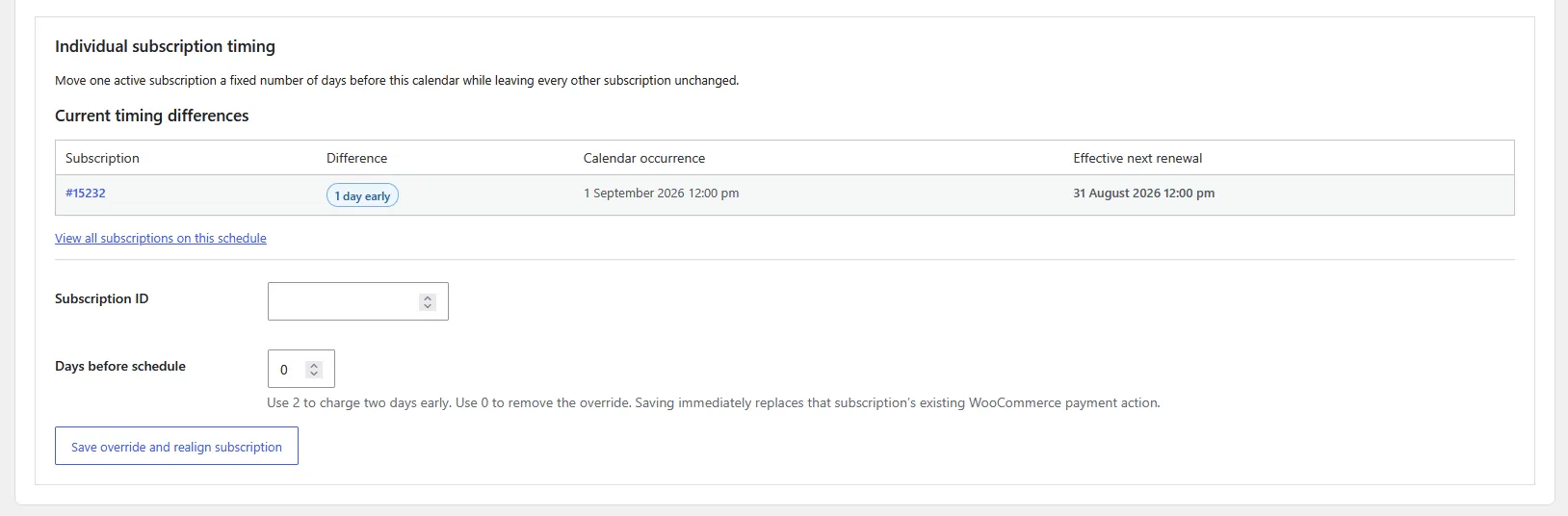 Individual timing panel with a one-day early override moving September 1 to August 31 at noon
