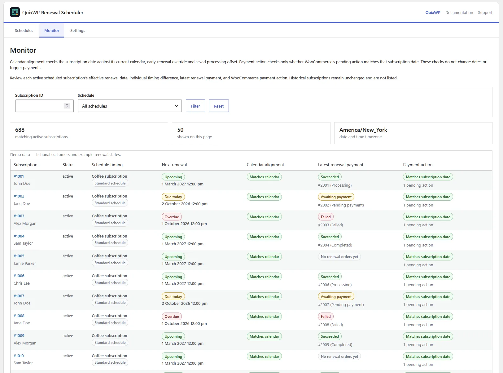 Renewal Monitor with fictional customers and example upcoming, due today, overdue, succeeded, awaiting payment and failed states