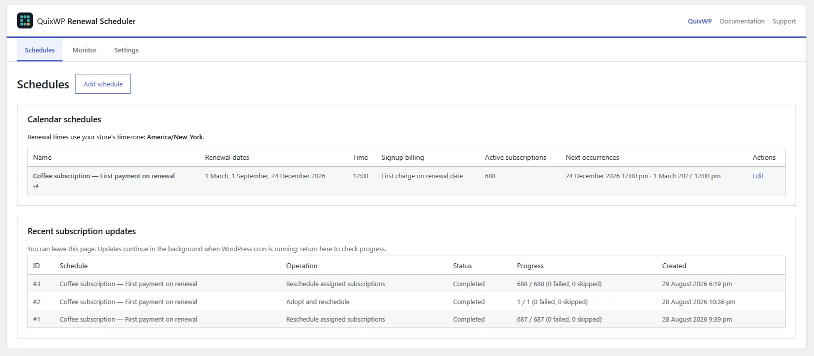 Renewal Scheduler Schedules tab with calendar names, renewal dates, times and next occurrences