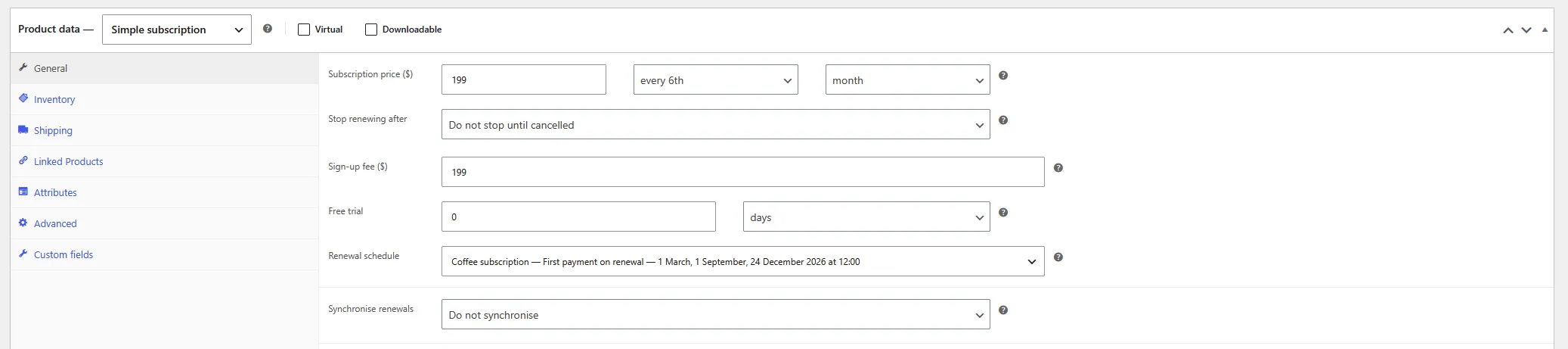 Renewal schedule selector on a simple subscription product