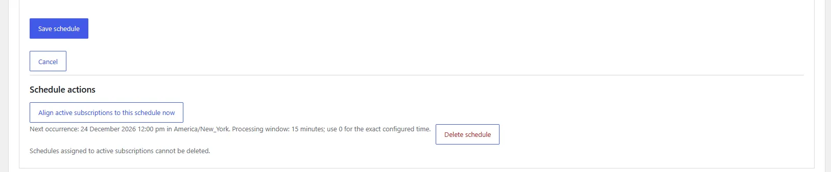 Schedule actions with the Align active subscriptions to this schedule now button and next-occurrence explanation