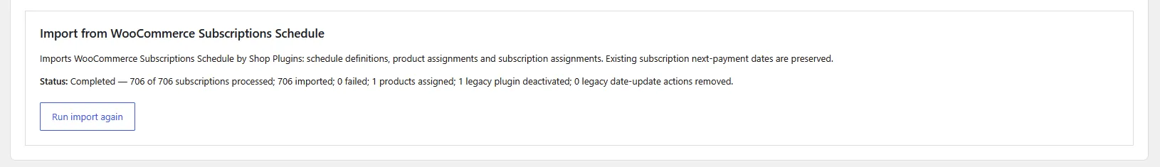 Completed Shop Plugins import with subscription progress and legacy-scheduler retirement counts