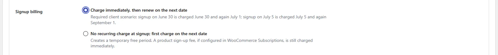 Immediate signup billing and deferred first recurring payment choices
