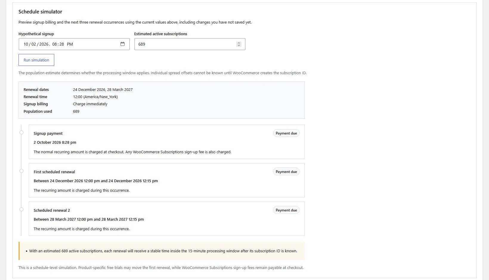 Schedule simulator showing hypothetical signup billing and upcoming renewal dates