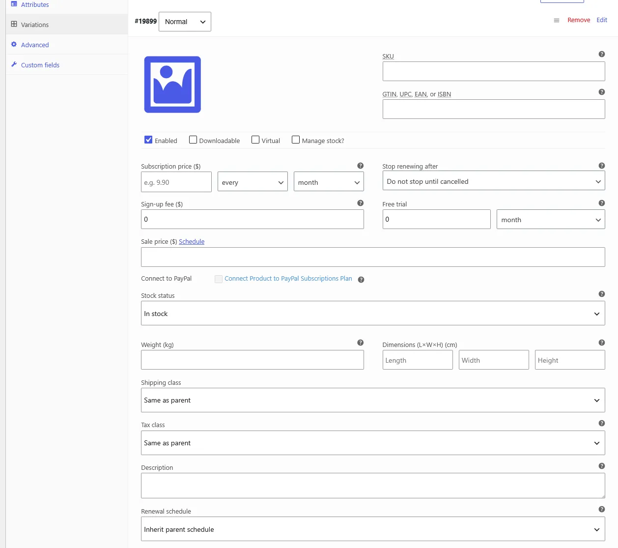 Subscription variation renewal schedule selector with parent inheritance